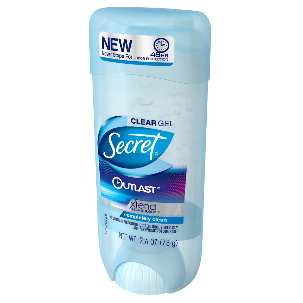 Secret Outlast clear gel four-pack on shelf emphasizing convenience
