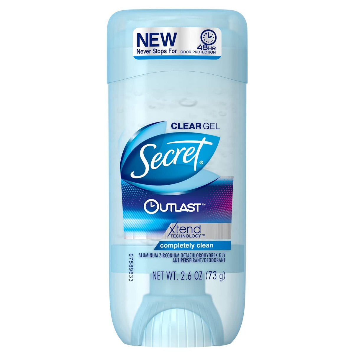 Secret Outlast clear gel bottle front with four-pack for all-day protection