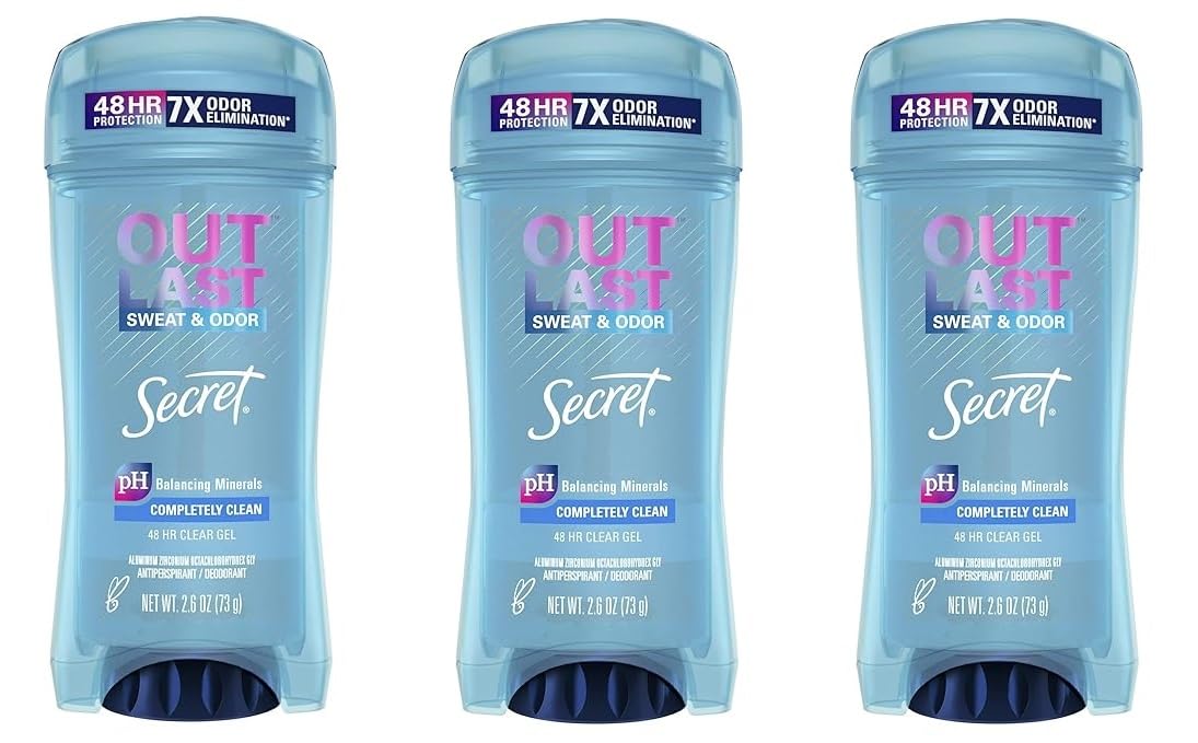 Secret Outlast clear gel bottle with three-pack packaging for long-lasting freshness.