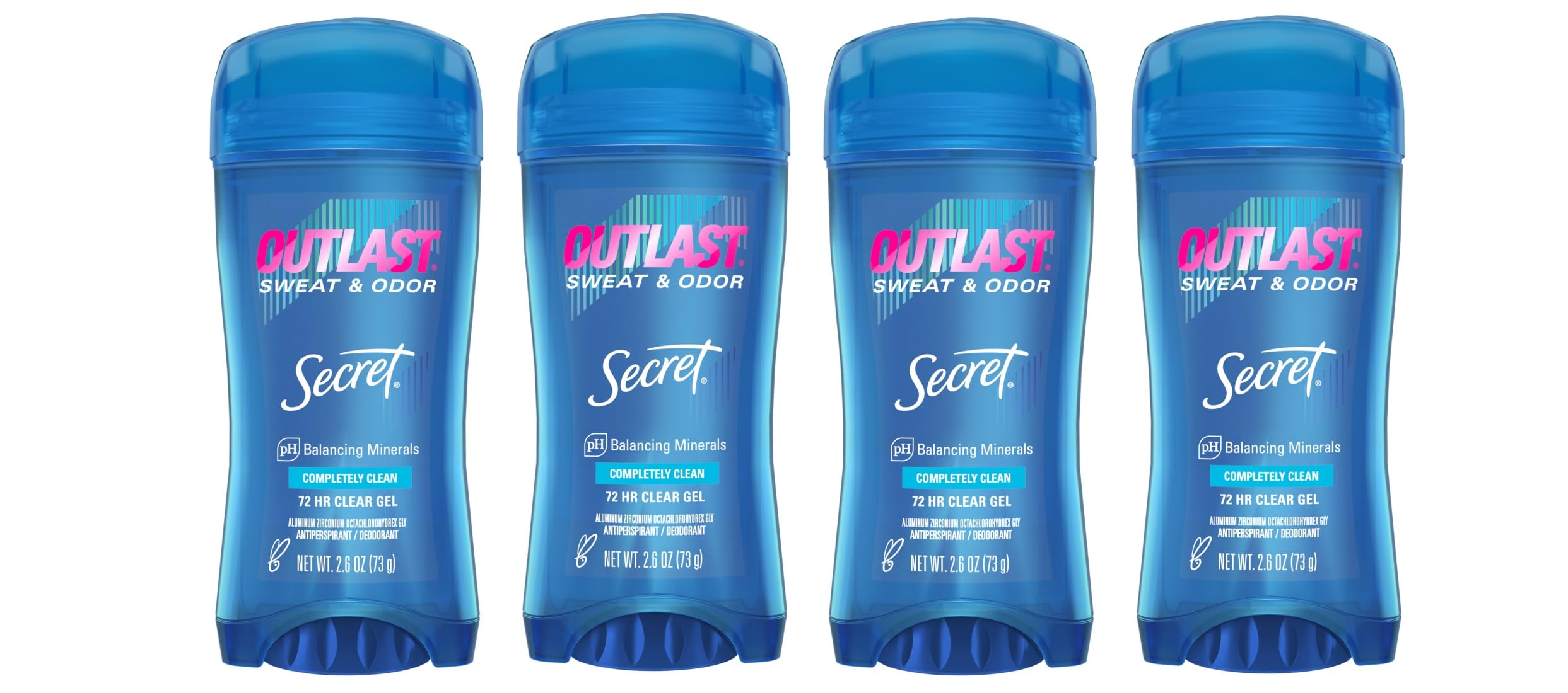 Secret Outlast Clear Gel bottle front with four-pack provides discreet, all-day protection.