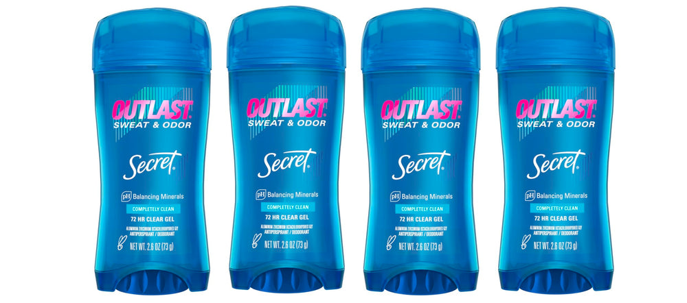 Secret Outlast Clear Gel bottle front with four-pack provides discreet, all-day protection.