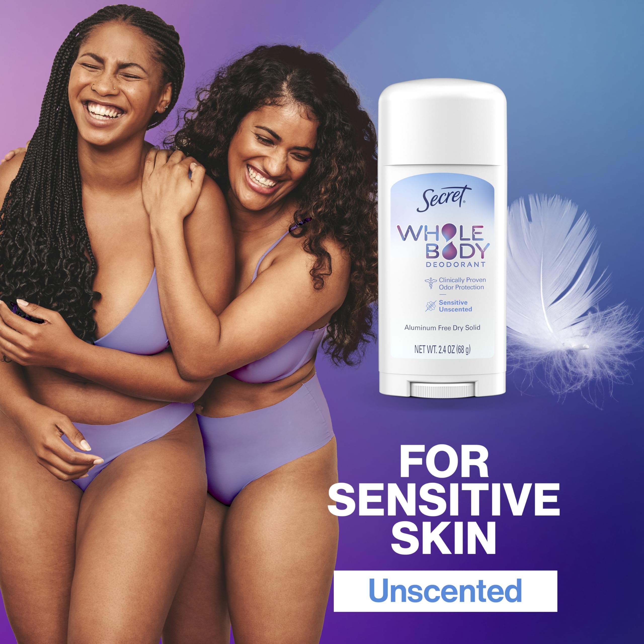 Secret Whole Body Deodorant Stick unscented aluminum-free formula for gentle skin care.