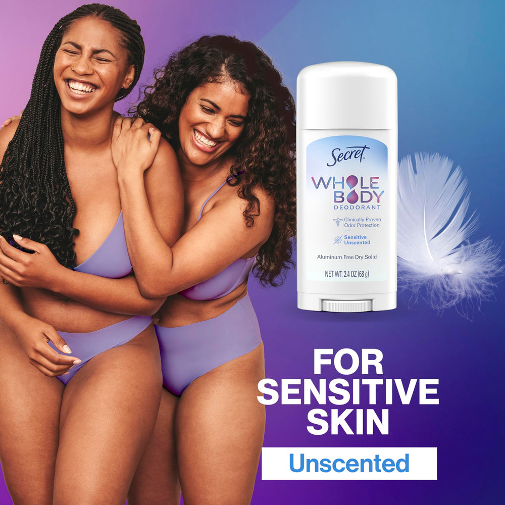 Secret Whole Body Deodorant Stick unscented aluminum-free formula for gentle skin care.