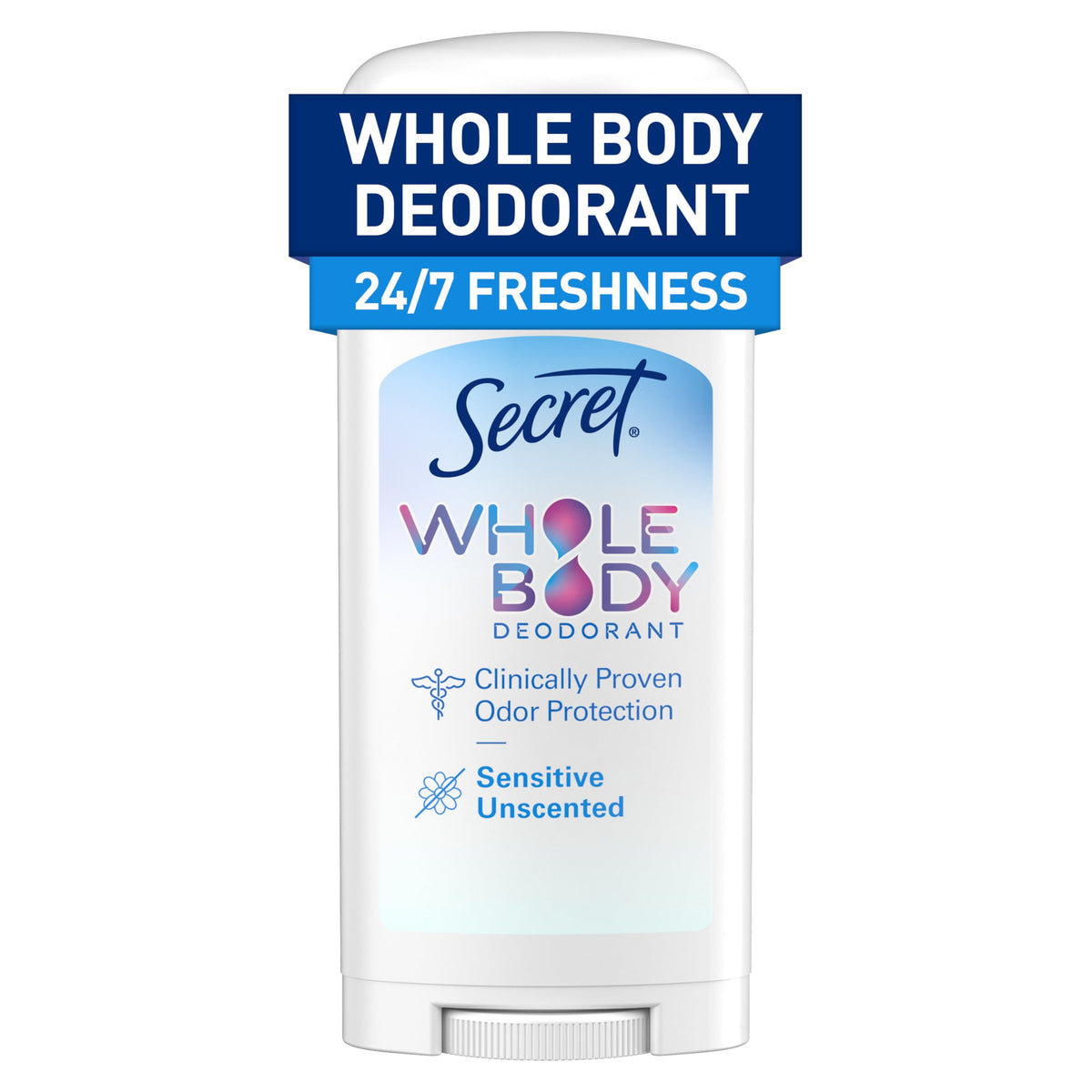 Secret Whole Body Deodorant Stick unscented application shows easy glide for all-over use.