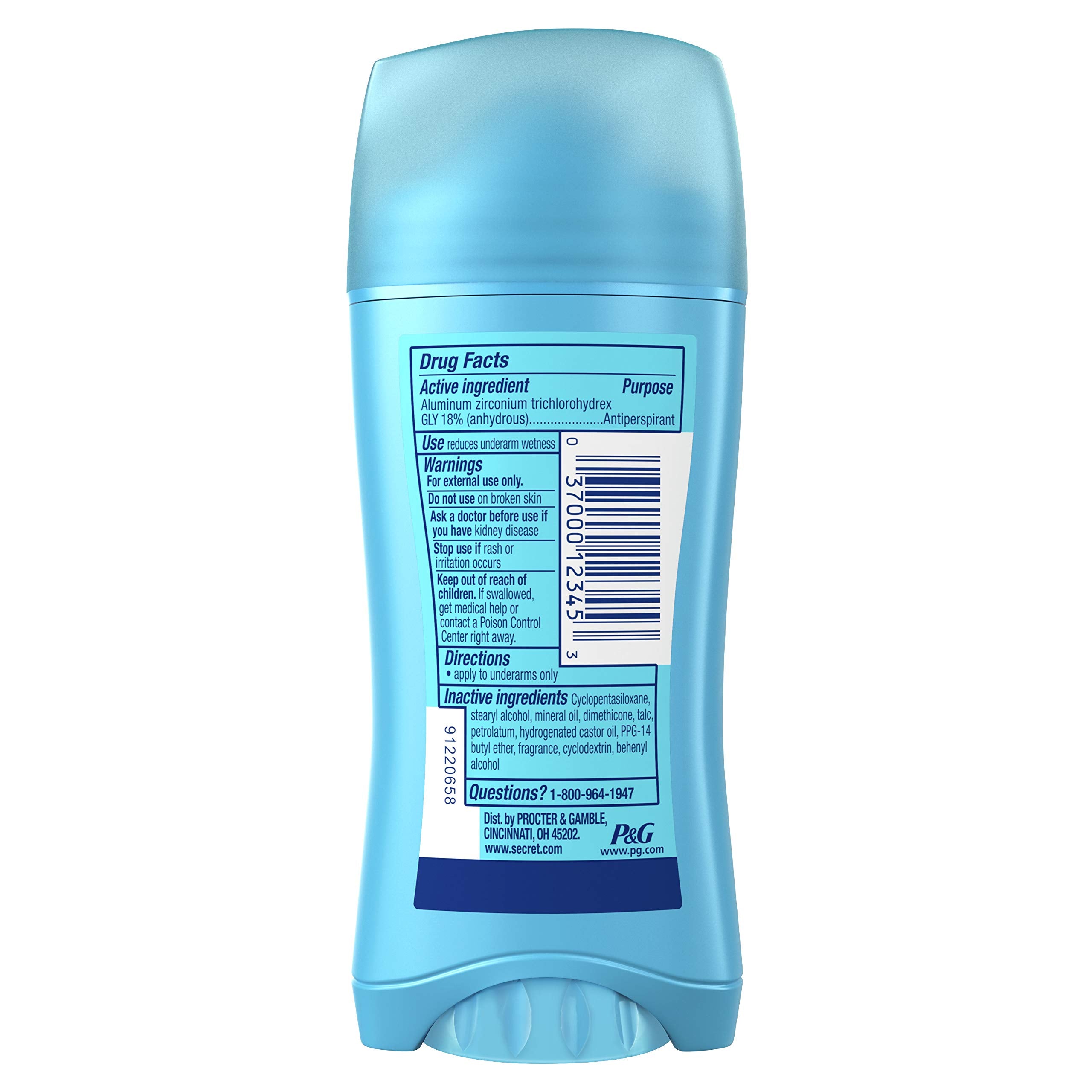 Secret women's deodorant stick front view highlights compact invisible protection while staying dry.