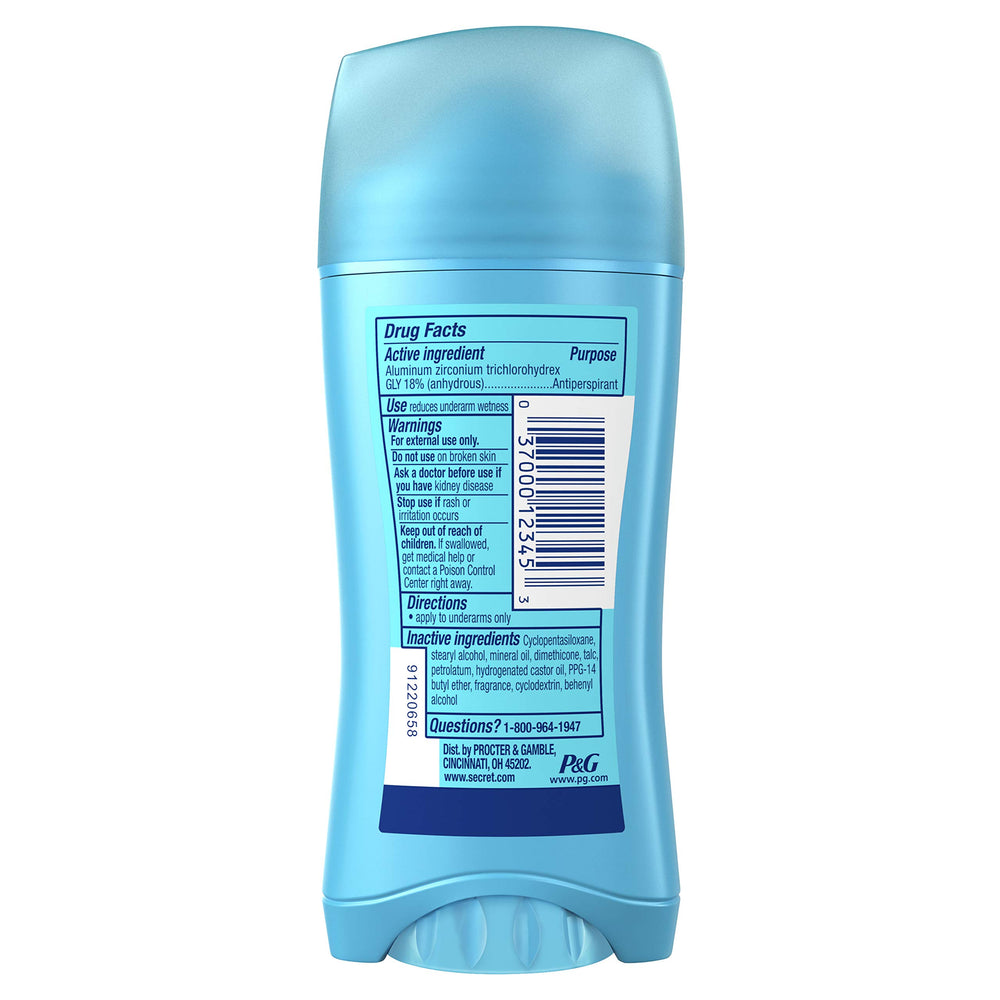 Secret women's deodorant stick front view highlights compact invisible protection while staying dry.