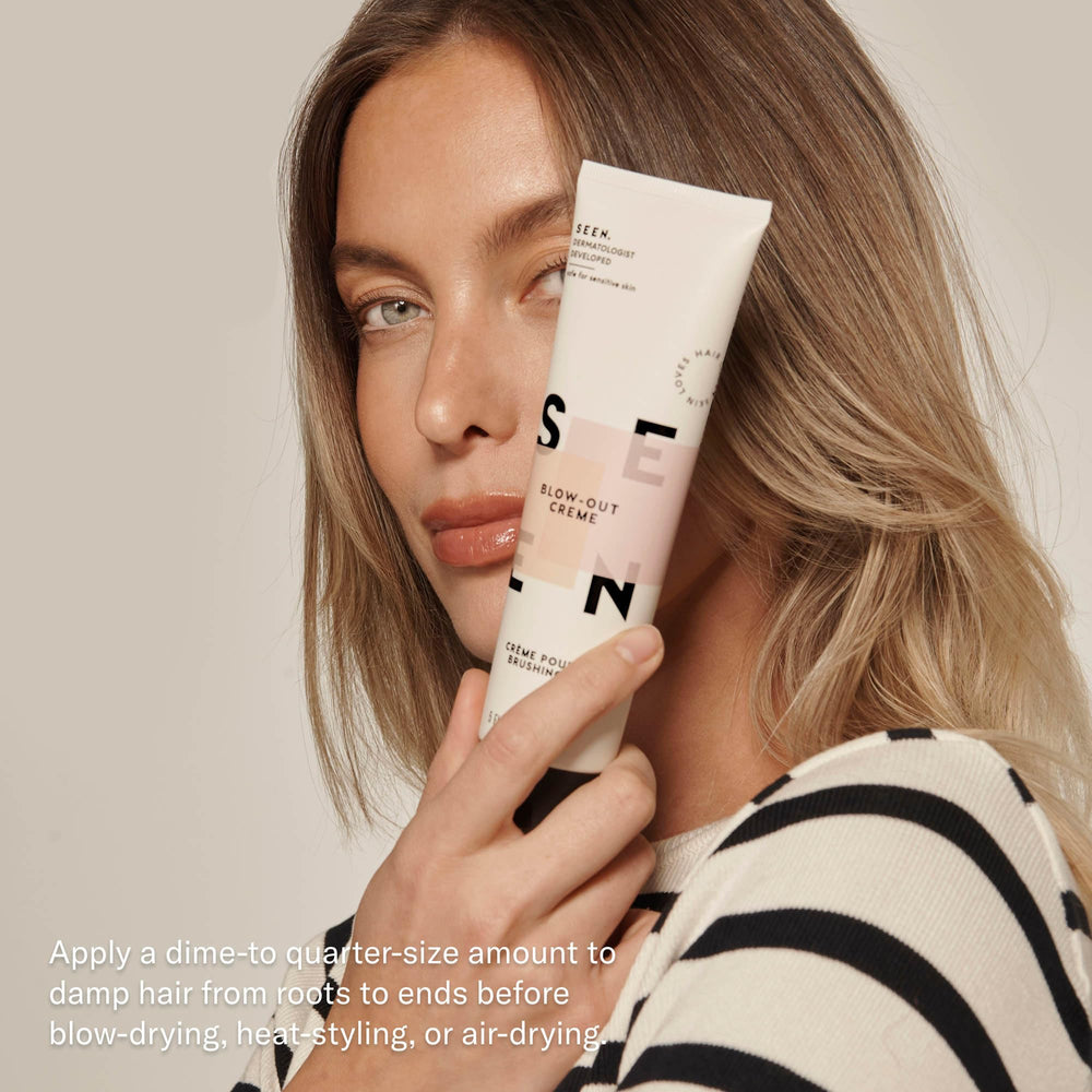 SEEN Blow-Out Creme texture close-up highlights silky feel and frizz control.