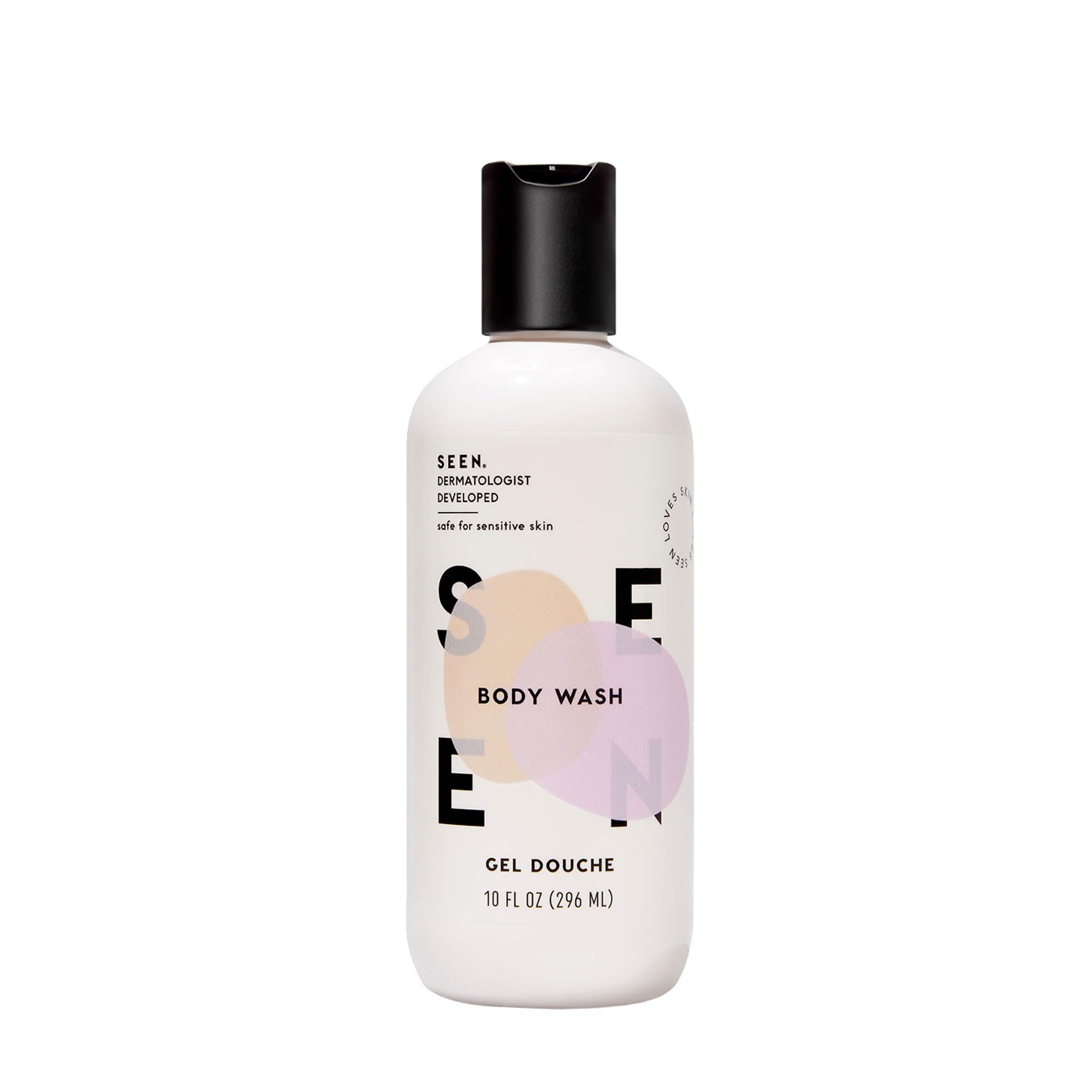 SEEN Body Wash fragrance bottle demonstrates a gentle, non-irritating cleanse option
