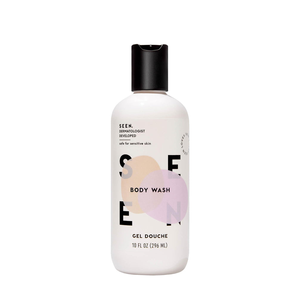 SEEN Body Wash fragrance bottle demonstrates a gentle, non-irritating cleanse option