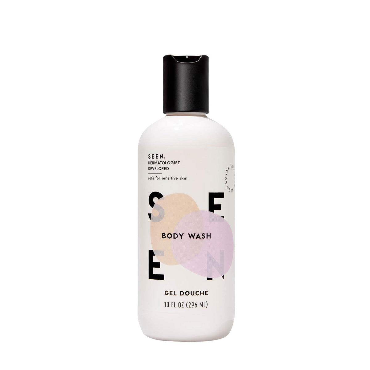 SEEN Body Wash fragrance bottle demonstrates a gentle, non-irritating cleanse option