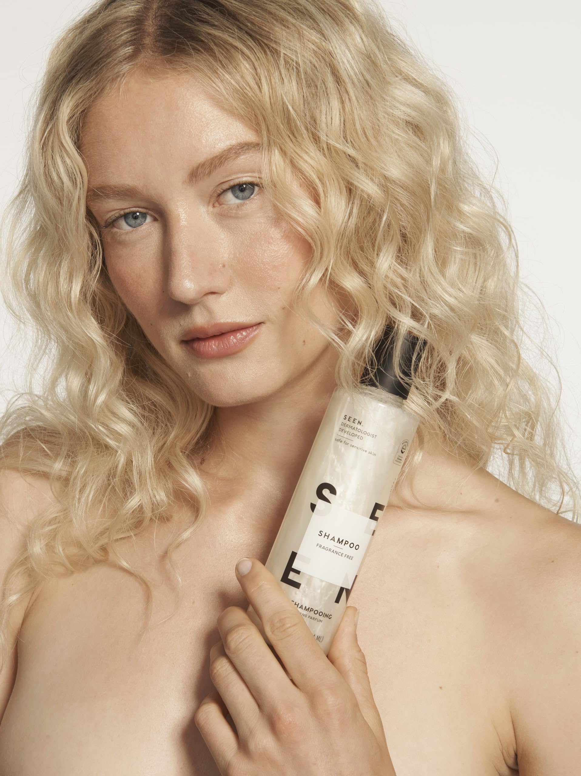 SEEN bundle packaging showcases fragrance-free, dermatologist-developed hair care kit.