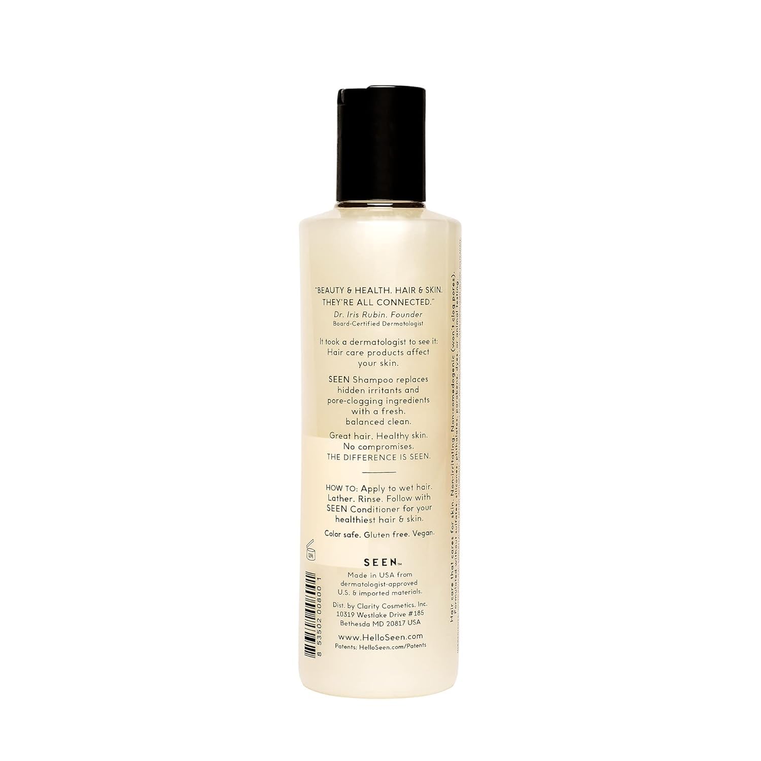 SEEN conditioner bottle front with detangling and frizz control promise