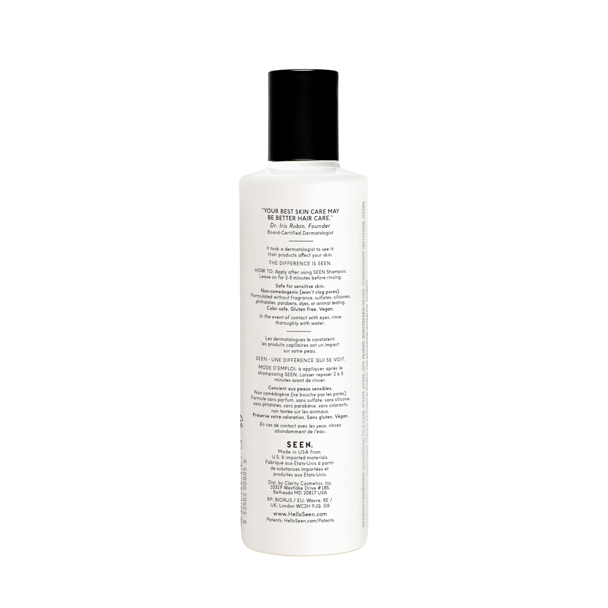 SEEN conditioner bottle pour highlights detangling softness with frizz-reduction.