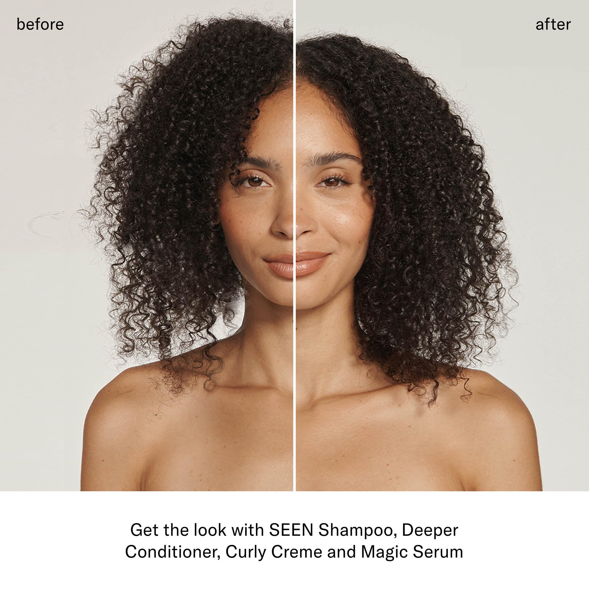 SEEN Curly Creme on model showcasing defined curls with soft hold.