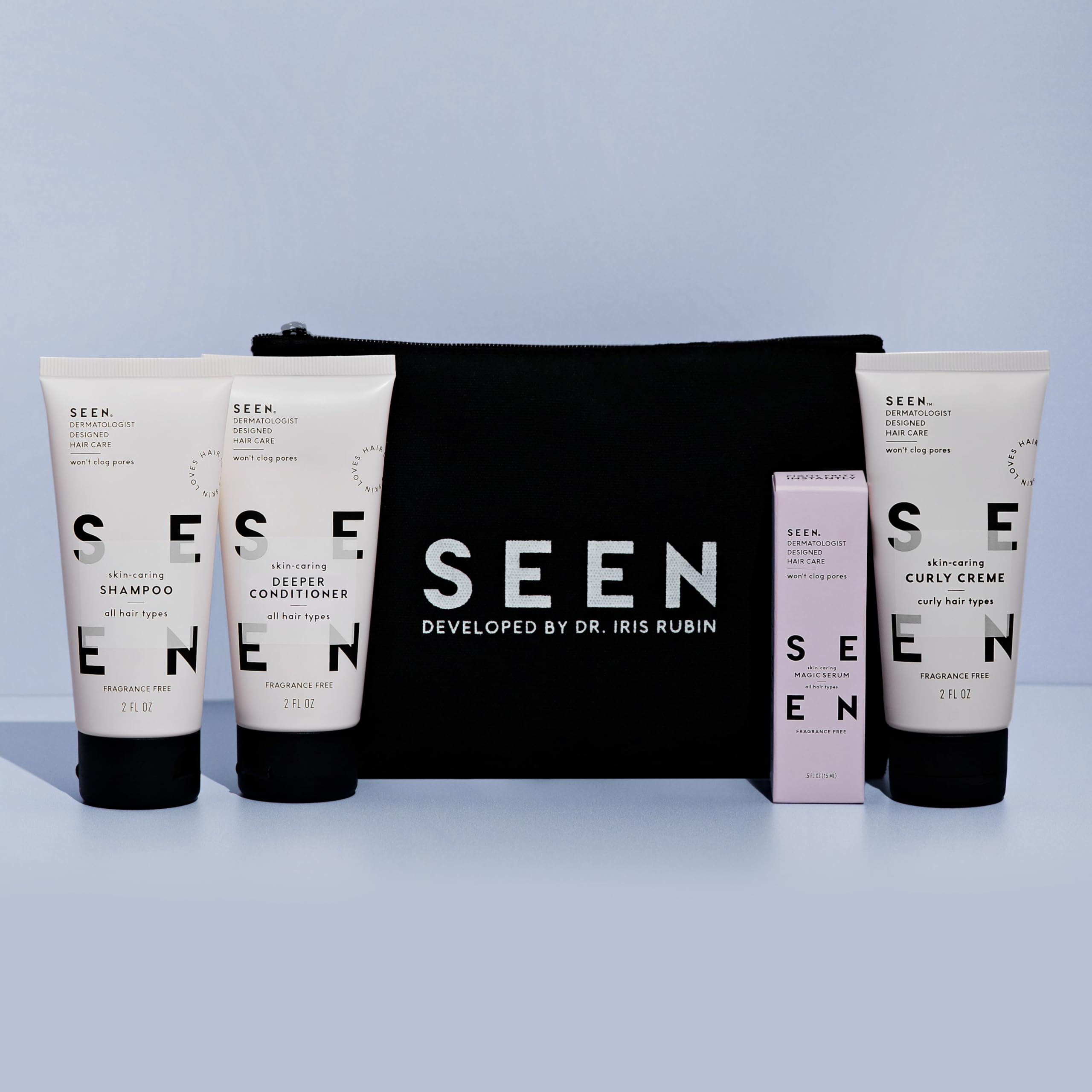 SEEN Curly On The Go Kit deeper conditioner bottle delivers moisture for dry hair.