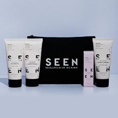 SEEN Curly On The Go Kit deeper conditioner bottle delivers moisture for dry hair.