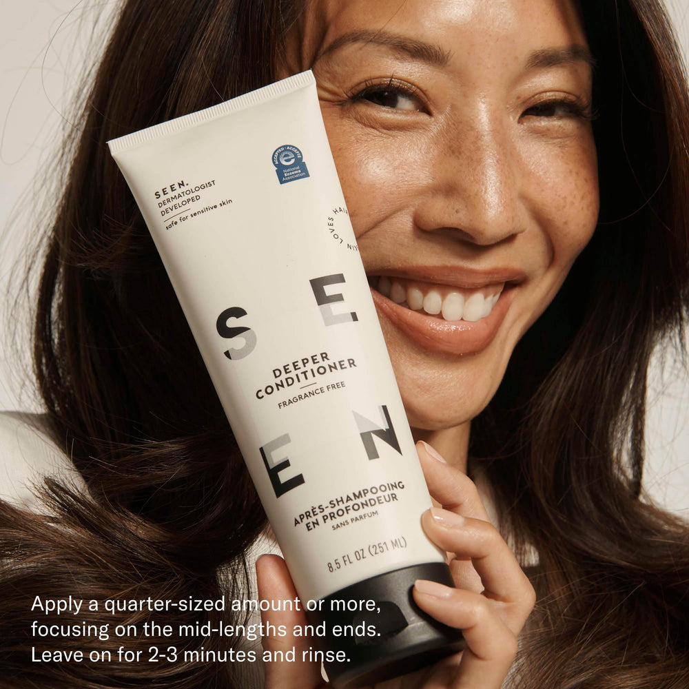  SEEN Deeper Conditioner in shower scene showing smooth detangling and color-safe care.