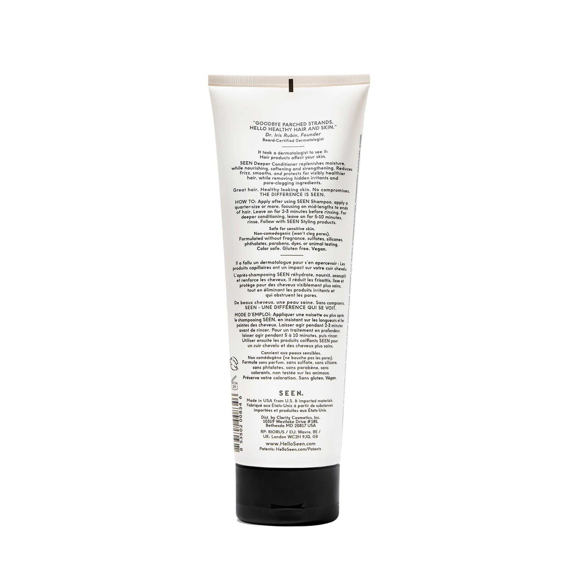  SEEN Deeper Conditioner on hair swatch showing frizz control and softness.
