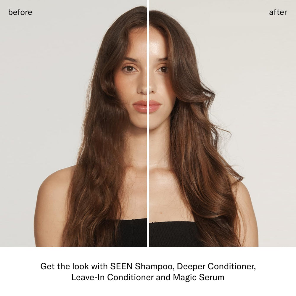 SEEN Deeper Conditioner close-up showing reduced frizz and softness.