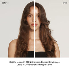 SEEN Deeper Conditioner close-up showing reduced frizz and softness.