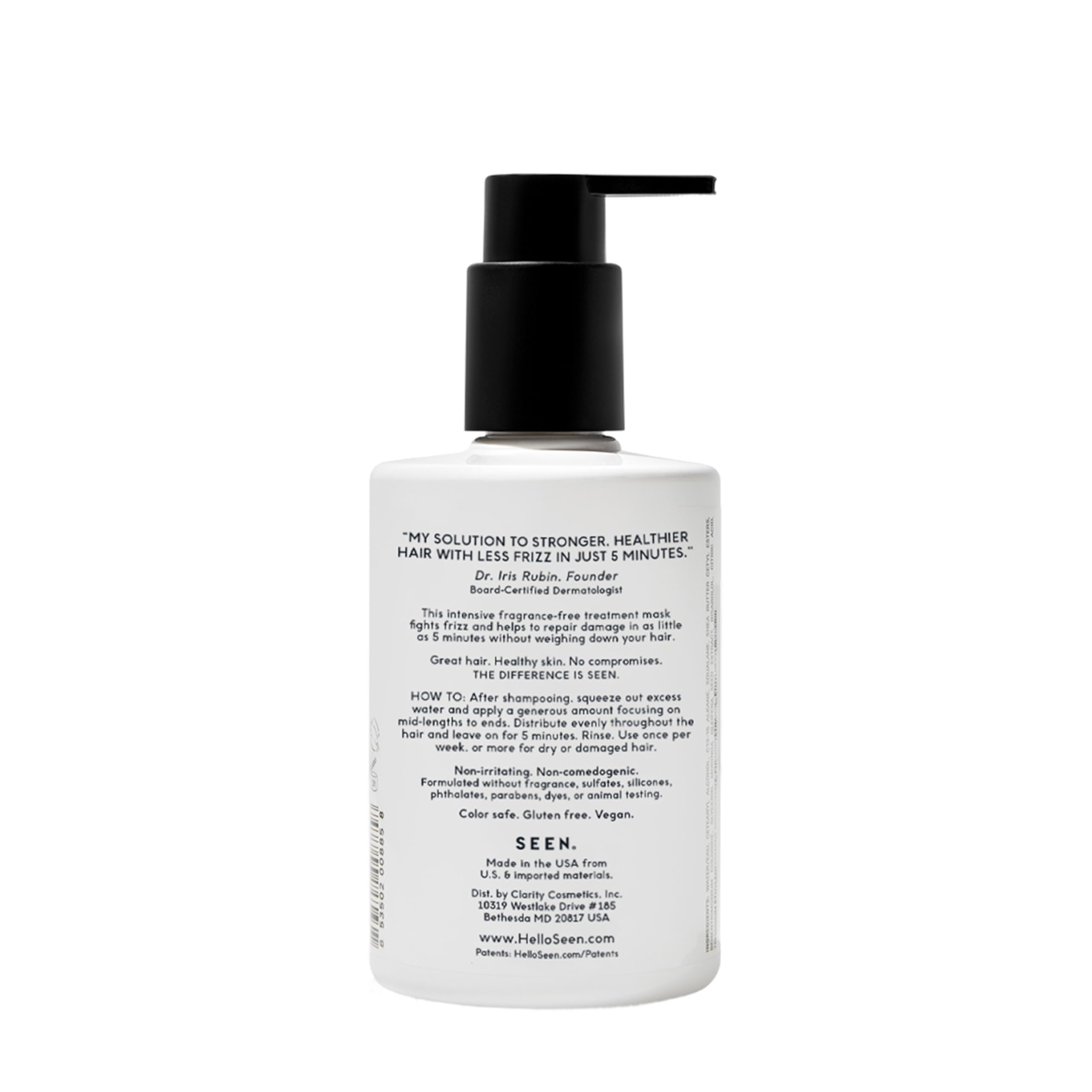 SEEN Frizz + Repair Mask jar shows rich texture for deep conditioning
