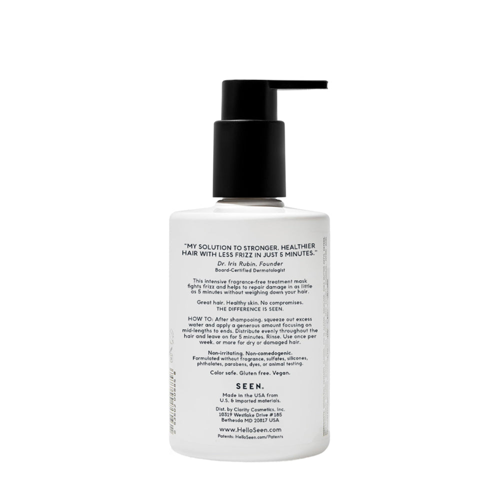 SEEN Frizz + Repair Mask jar shows rich texture for deep conditioning