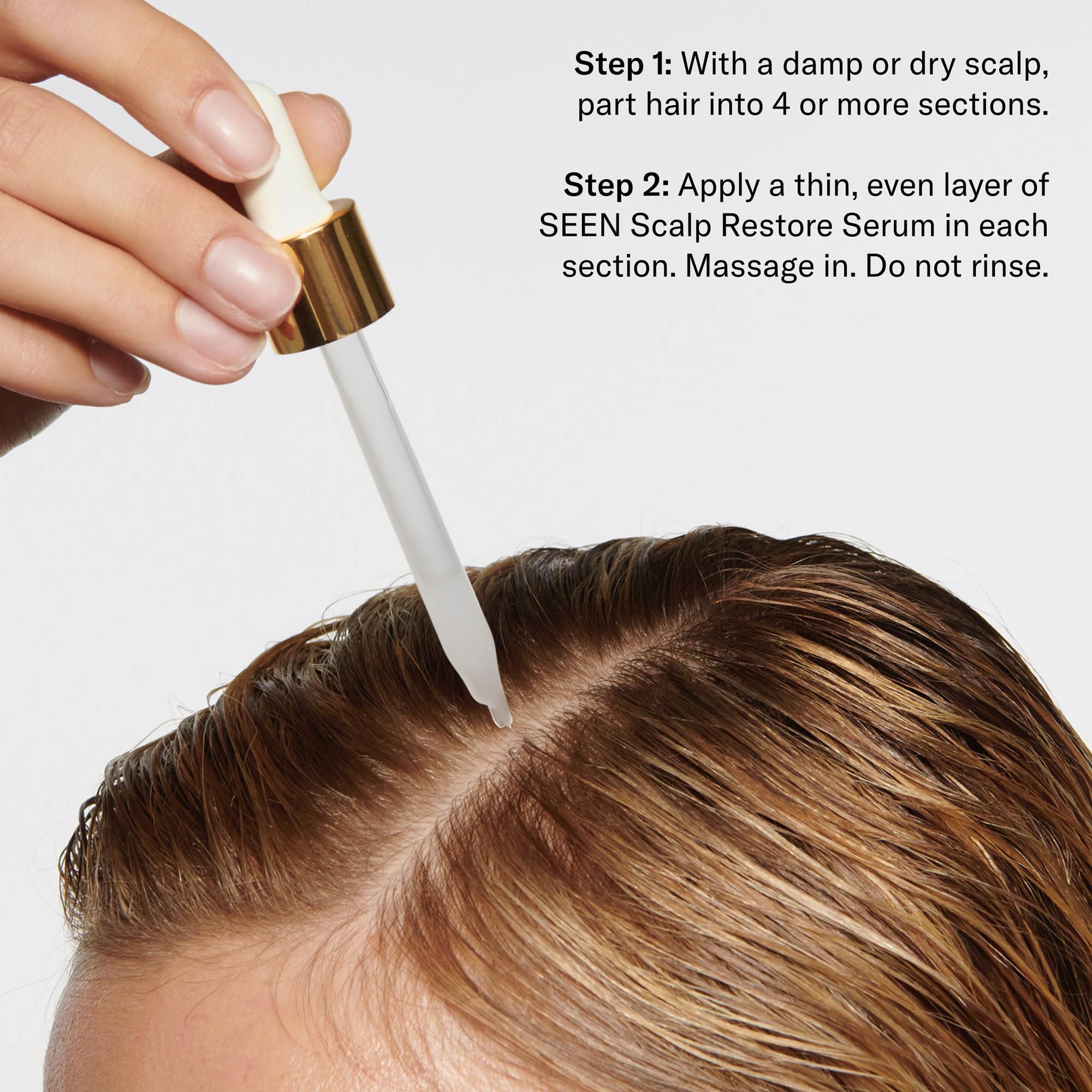 SEEN Restore Scalp Serum dropper delivering lightweight hydration to scalp