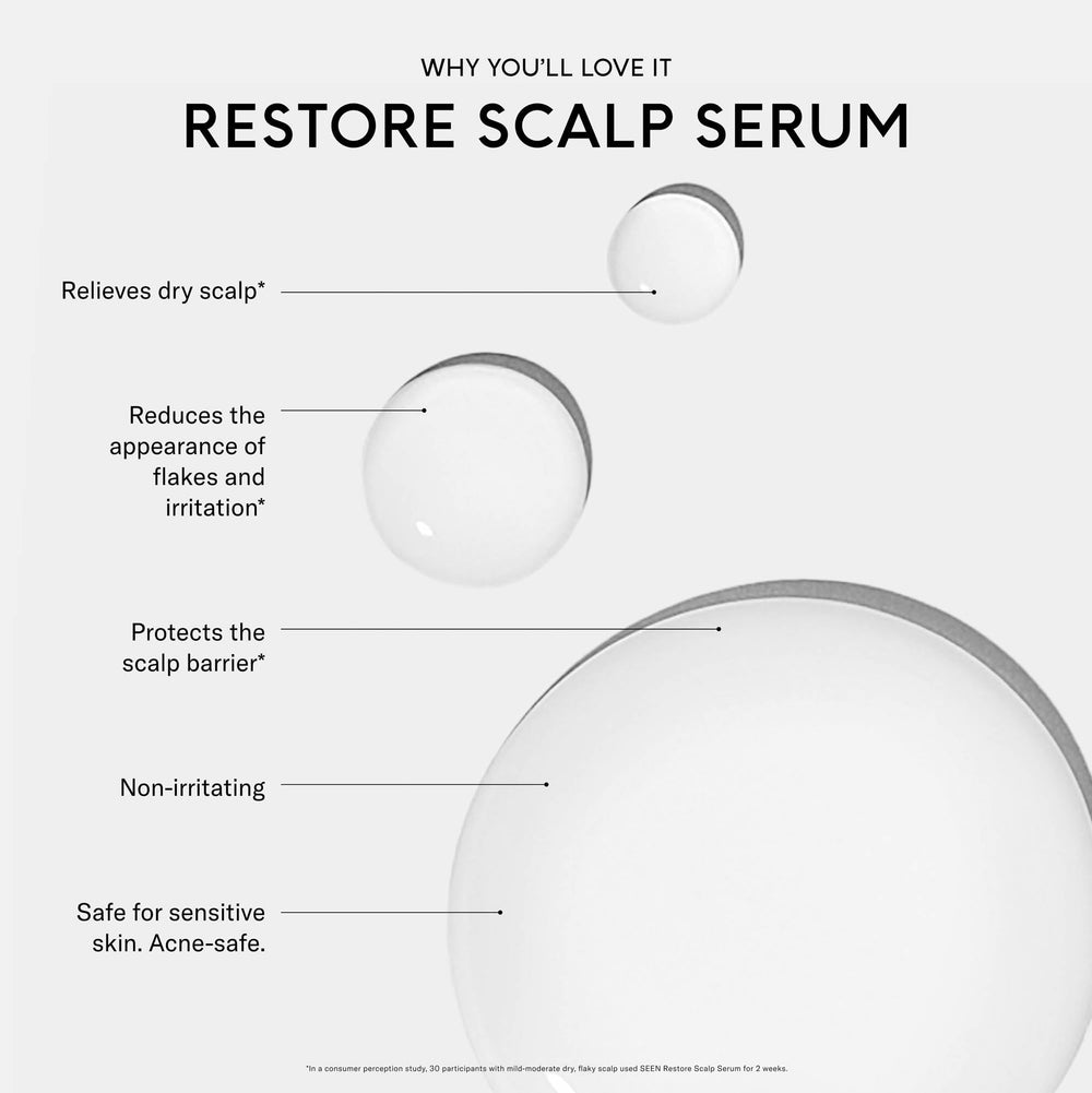 SEEN Restore Scalp Serum texture close-up illustrating balanced hydration