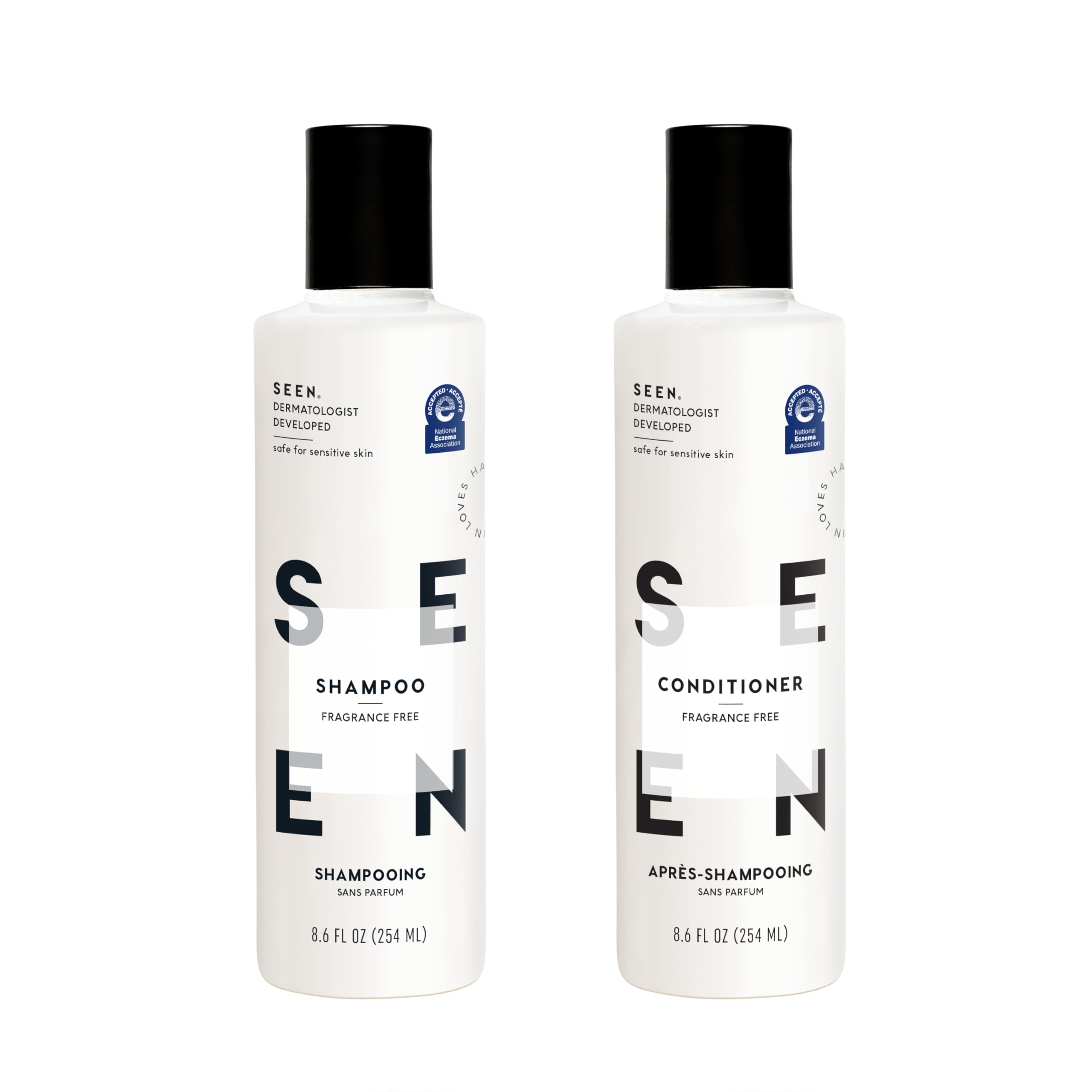 SEEN shampoo bottle front—fragrance-free formula designed for sensitive scalps.