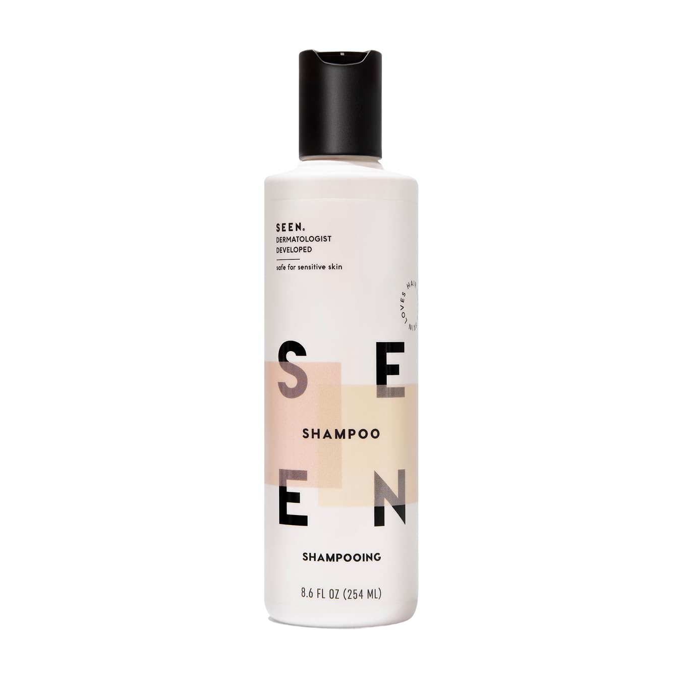 SEEN Shampoo bottle view highlighting a gentle cleanse for sensitive and acne-prone skin