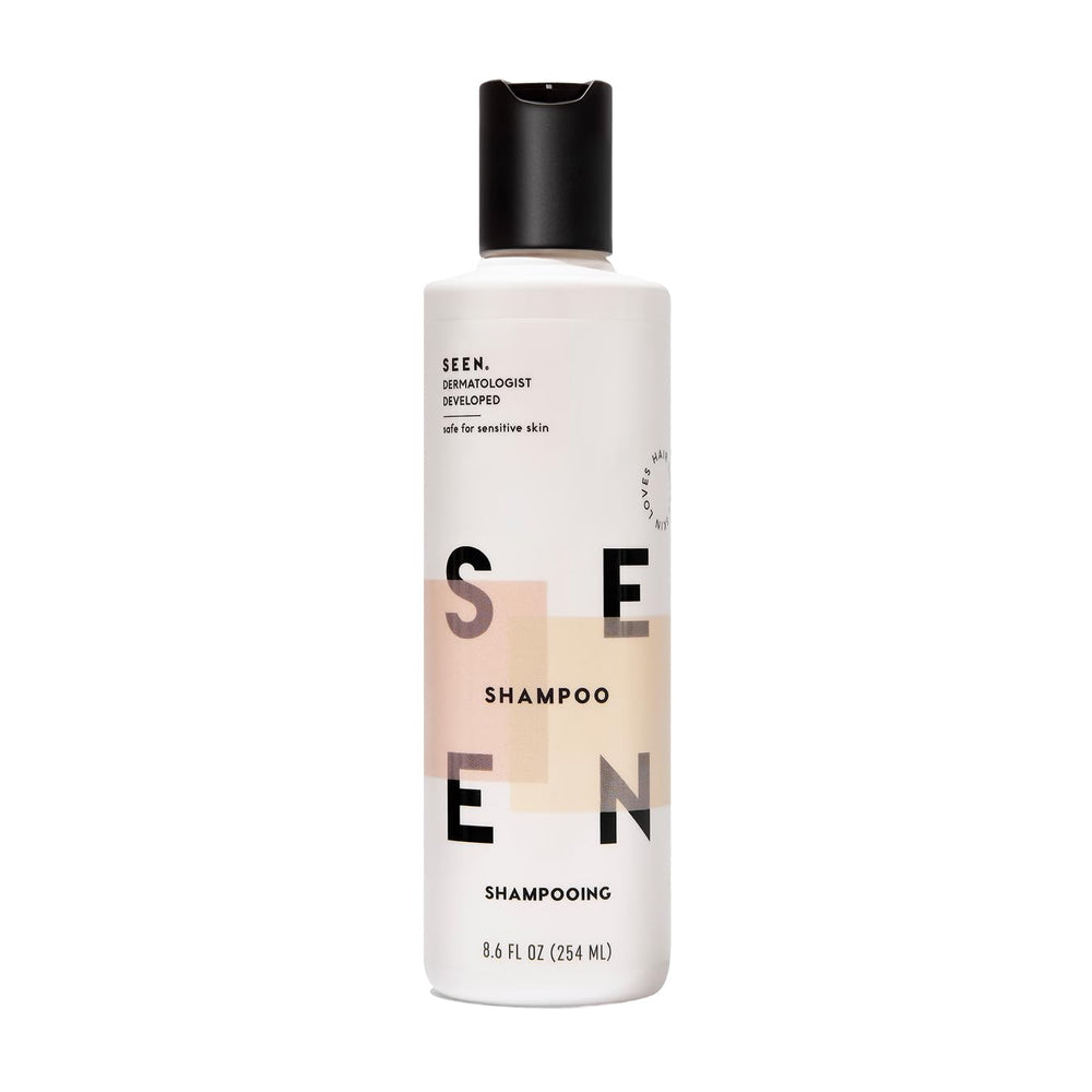 SEEN Shampoo bottle view highlighting a gentle cleanse for sensitive and acne-prone skin