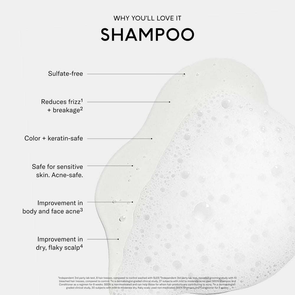 SEEN Shampoo hair-smooth closeup demonstrating frizz control and smoother strands