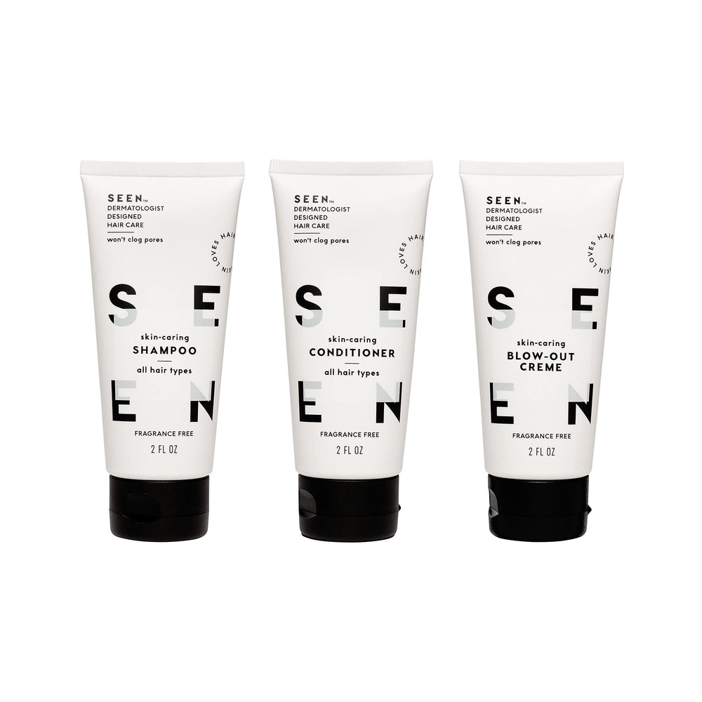 SEEN Travel Trio conditioner bottle demonstrates detangling and color-safe care.