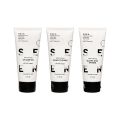 SEEN Travel Trio conditioner bottle demonstrates detangling and color-safe care.