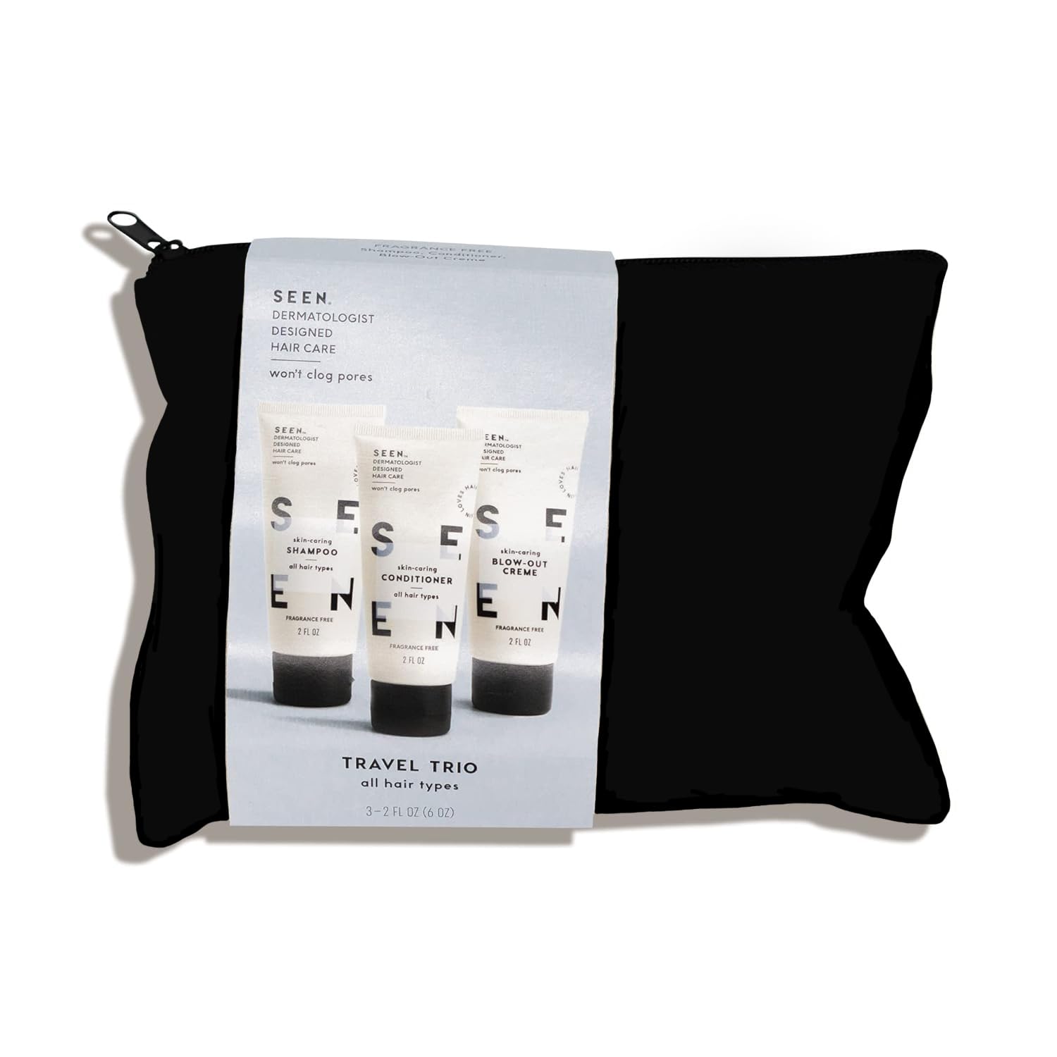 SEEN Travel Trio shampoo bottle highlights fragrance-free formula for sensitive skin and hair.