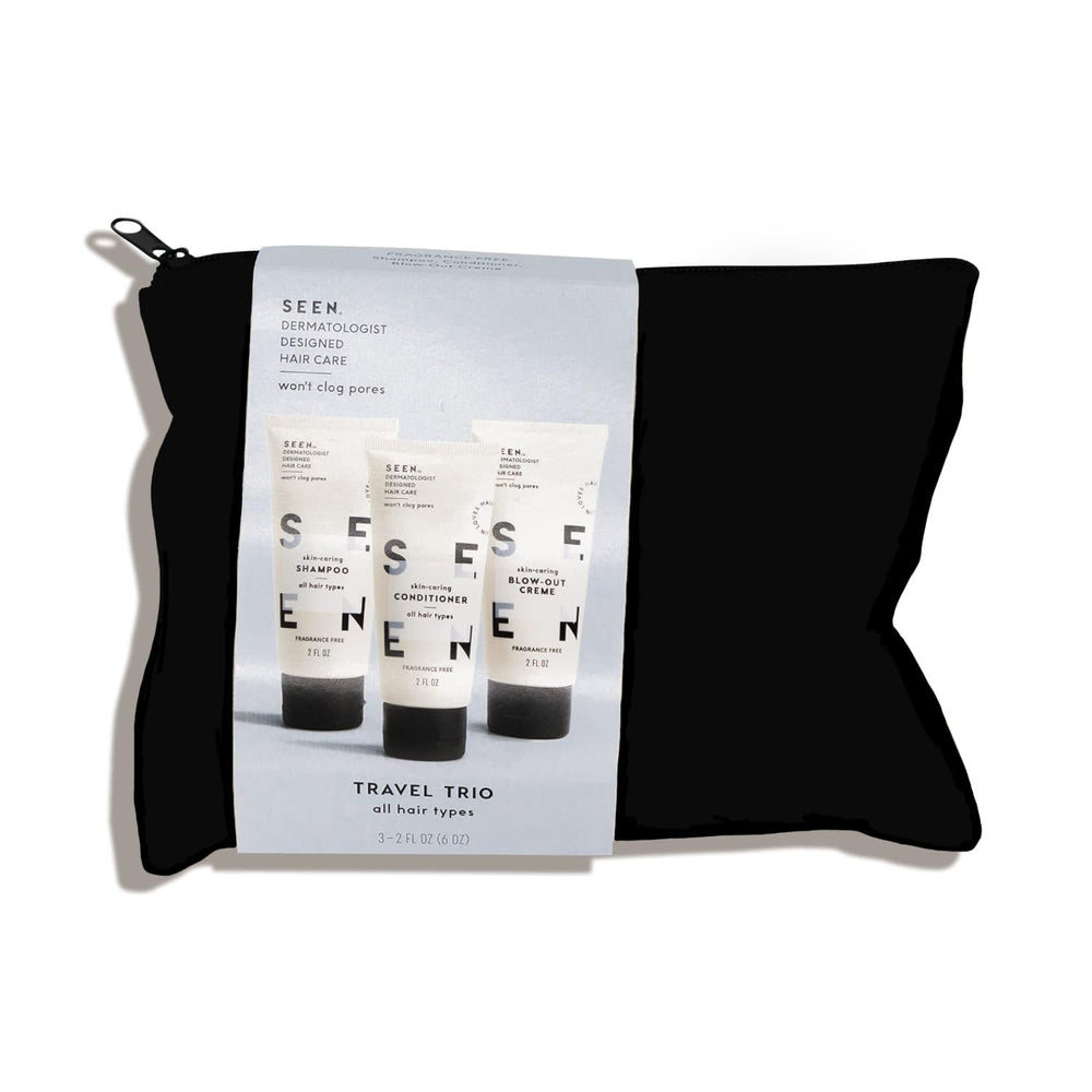 SEEN Travel Trio shampoo bottle highlights fragrance-free formula for sensitive skin and hair.