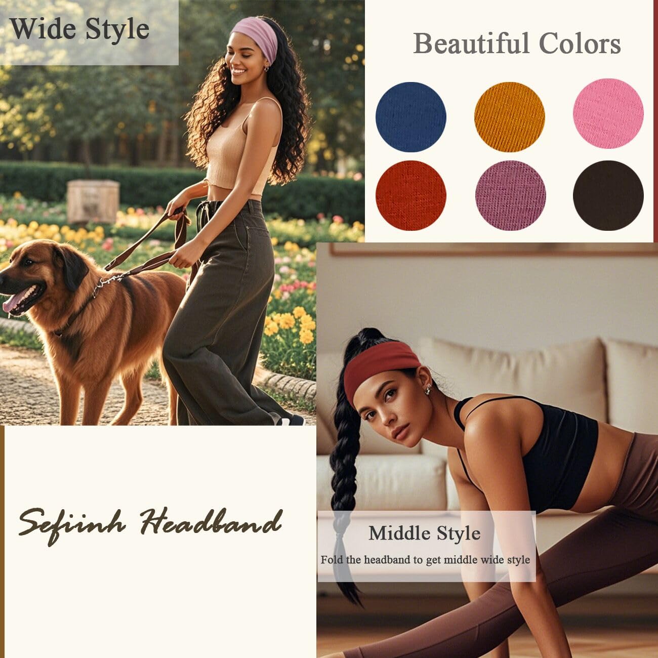 Sefiinh wide headbands showing stretchy fit that won't slip during workouts