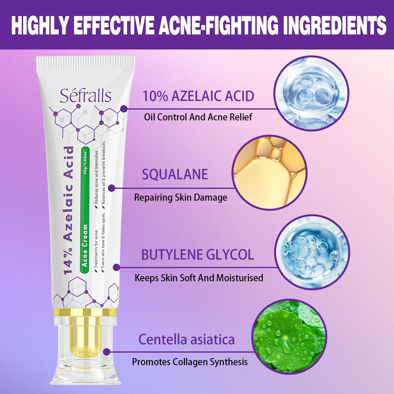 Sefralls azelaic acid cream closeup texture showing gentle exfoliation for clear pores.