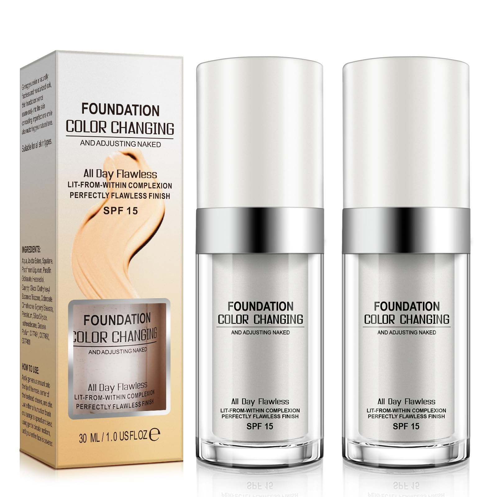 Sefudun colour changing foundation pump showing white to warm shade transformation