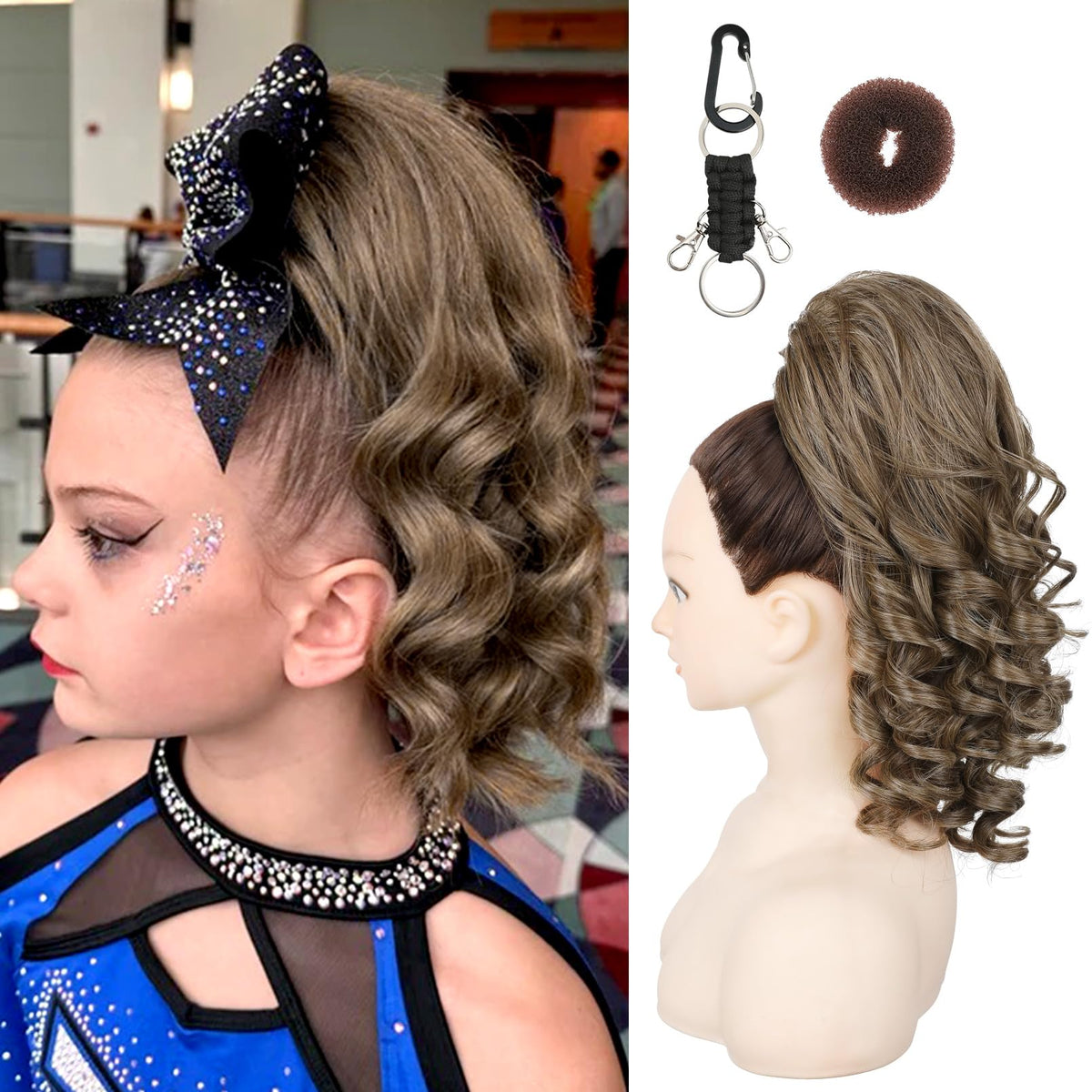 SEIKEA Cheer Ponytail 14in Curly Extension showing natural volume for performances