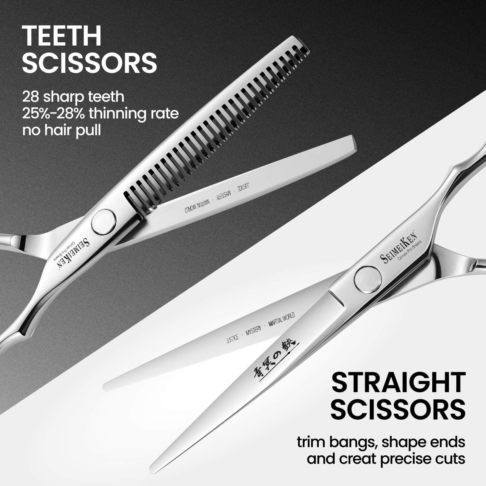 SEIMEIKEN 6-inch haircutting scissors blade closeup highlights razor-sharp precision for smooth cuts.
