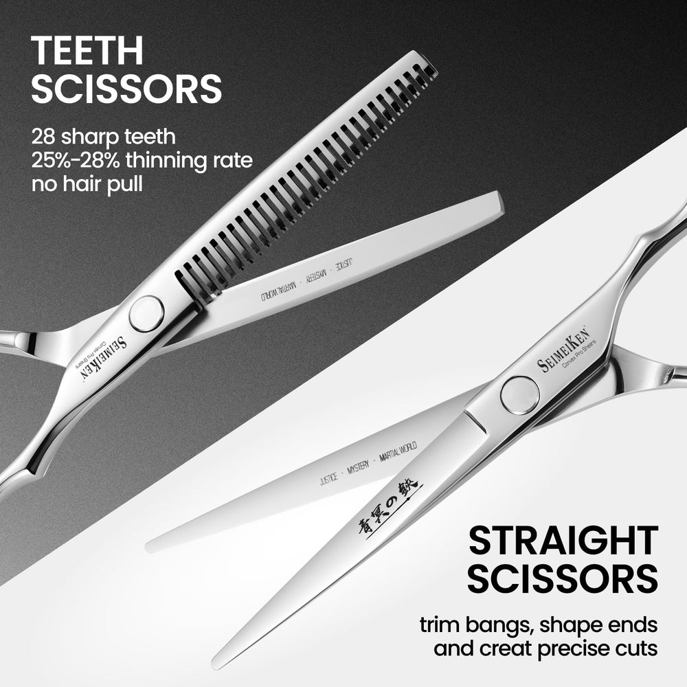 SEIMEIKEN 6-inch haircutting scissors blade closeup highlights razor-sharp precision for smooth cuts.