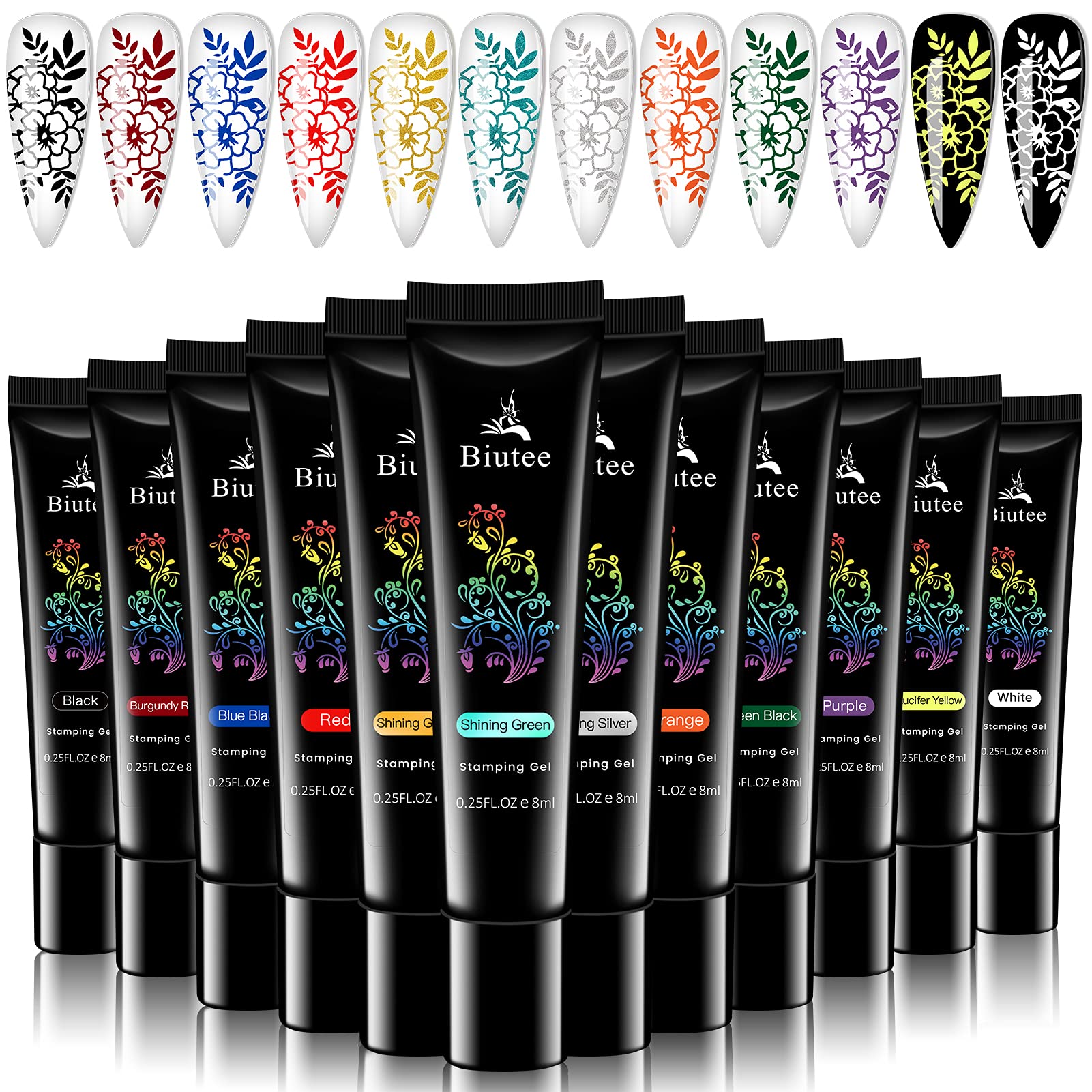 SEISSO stamping-nail-gels color swatches show 12 vibrant colors for DIY nail art