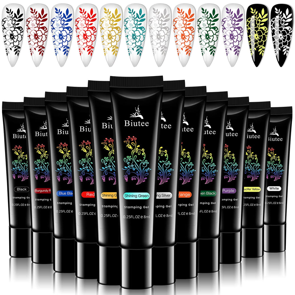 SEISSO stamping-nail-gels color swatches show 12 vibrant colors for DIY nail art