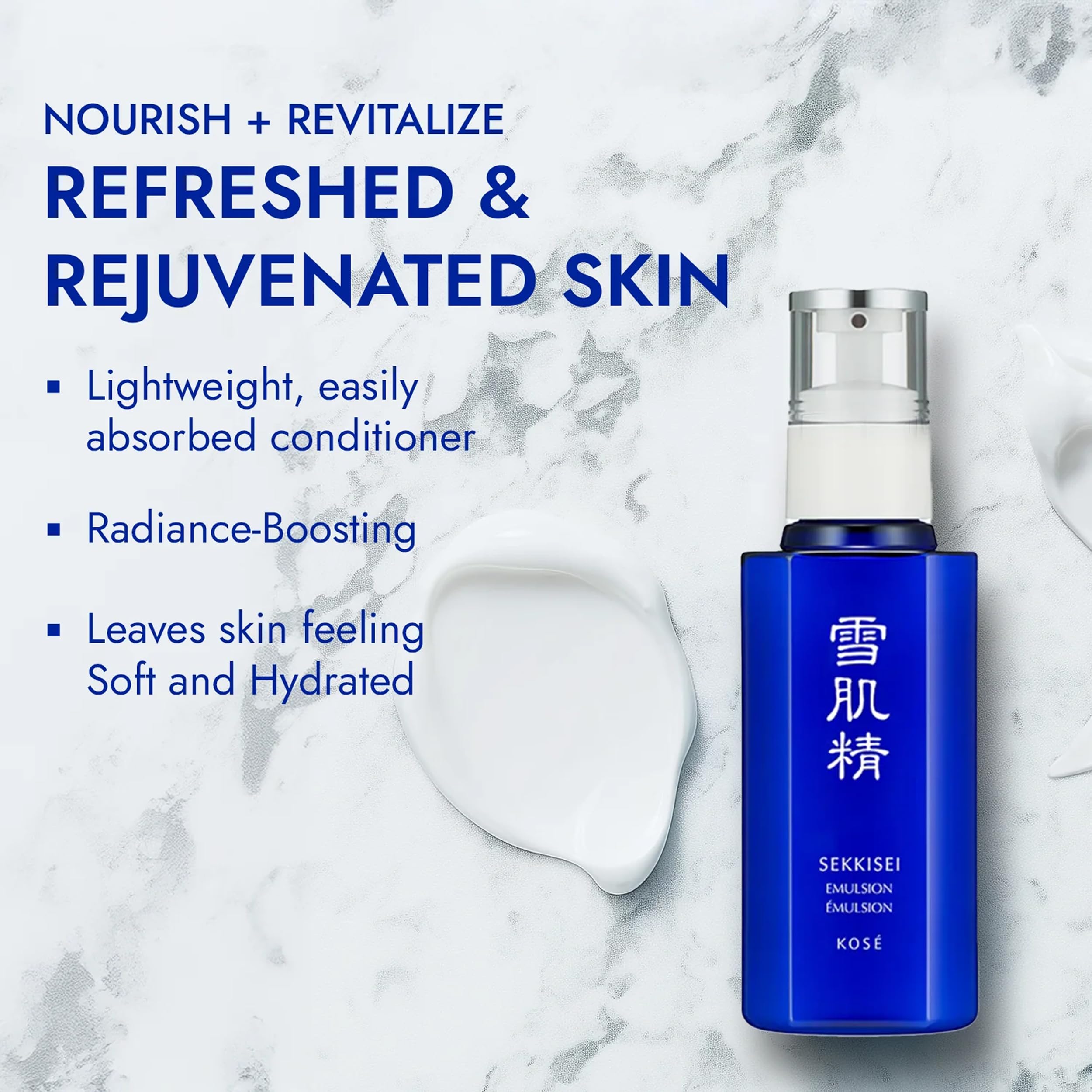 SEKKISEI Emulsion pump-dispense shows easy, controlled application for moisturized skin.