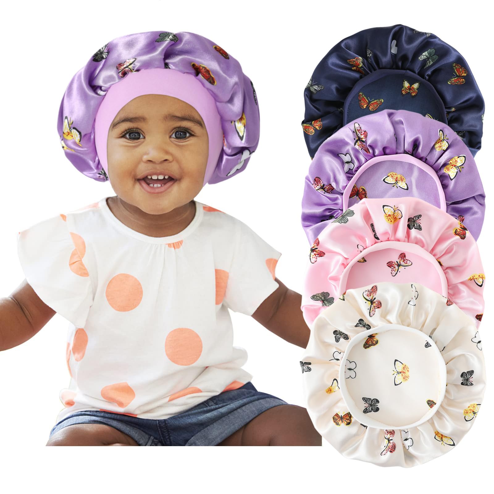 Selalu kids silk bonnet butterfly pattern protects curls during sleep.