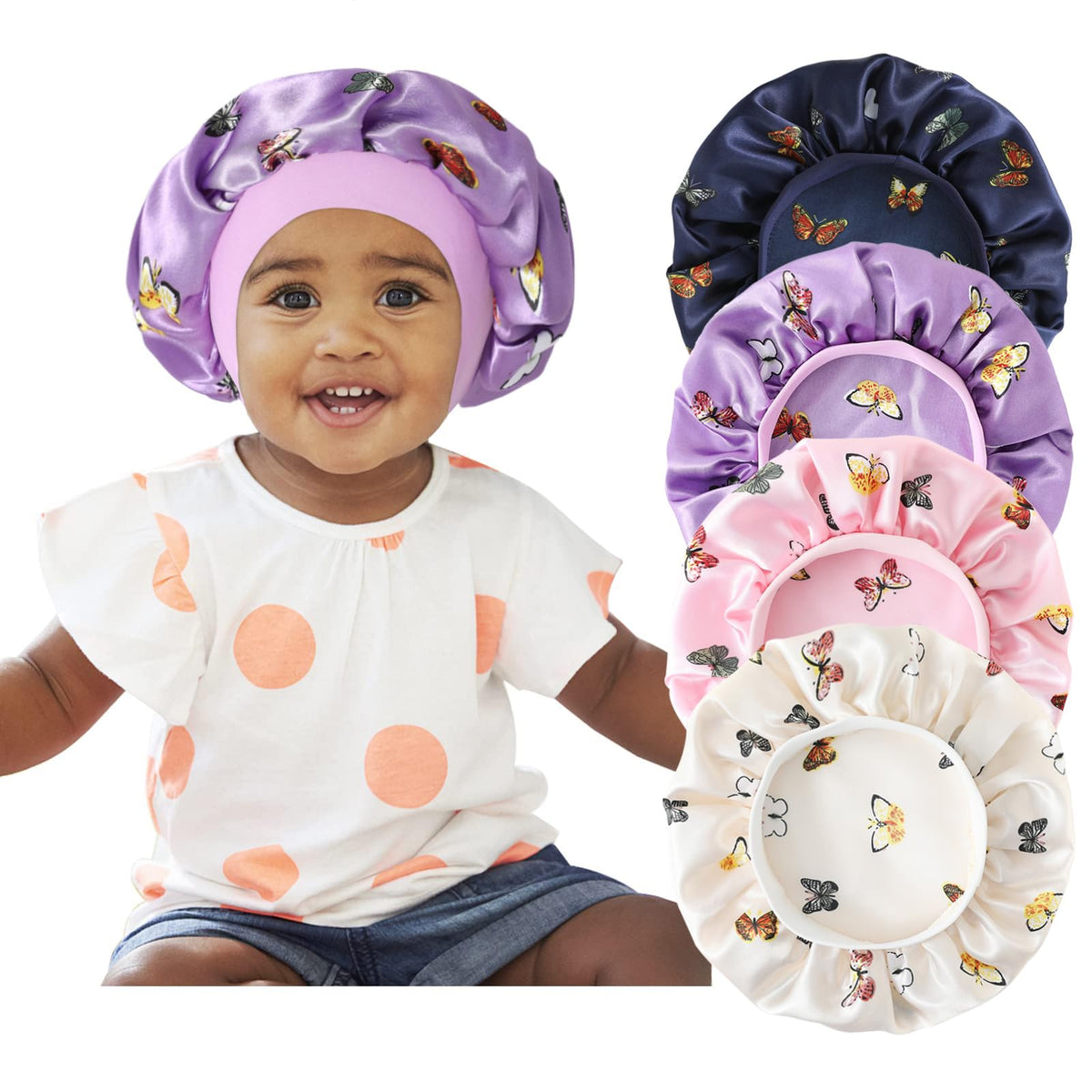 Selalu kids silk bonnet butterfly pattern protects curls during sleep.