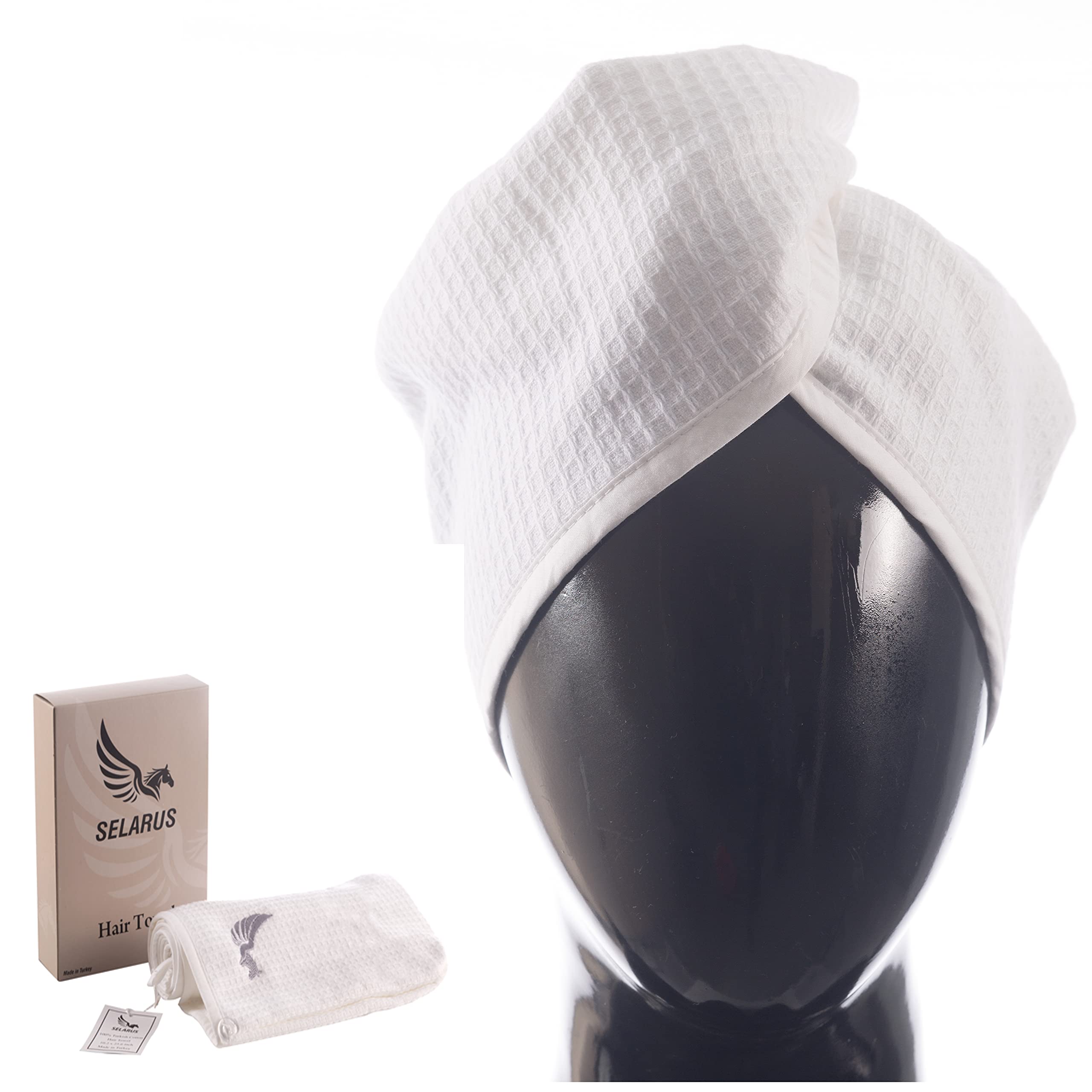 SELARUS hair towel wrap outer waffle texture speeds drying.
