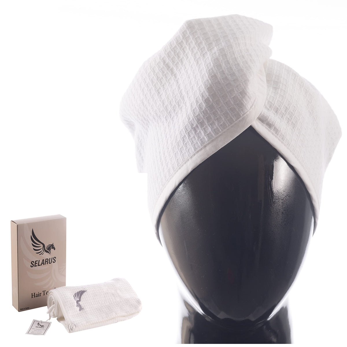 SELARUS hair towel wrap outer waffle texture speeds drying.