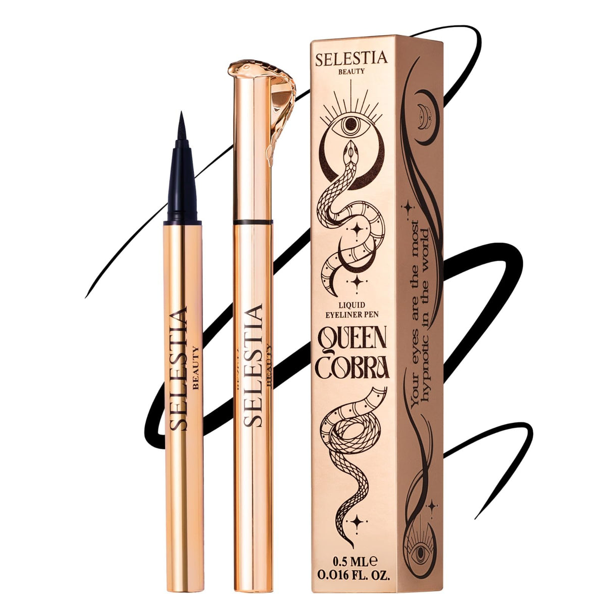 SELESTIA BEAUTY Queen Cobra eyeliner close-up for precise black liquid liner use